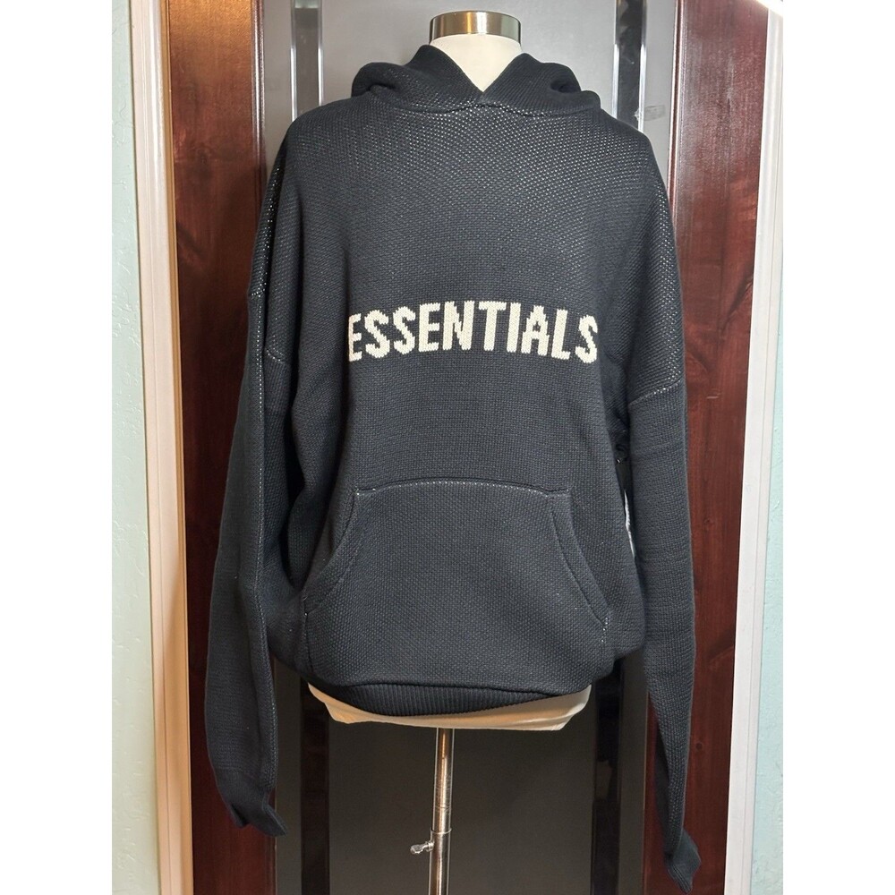 New Essentials Fear of God Black Knit Pullover Hoodie Mens Long Sleeve Large HTF